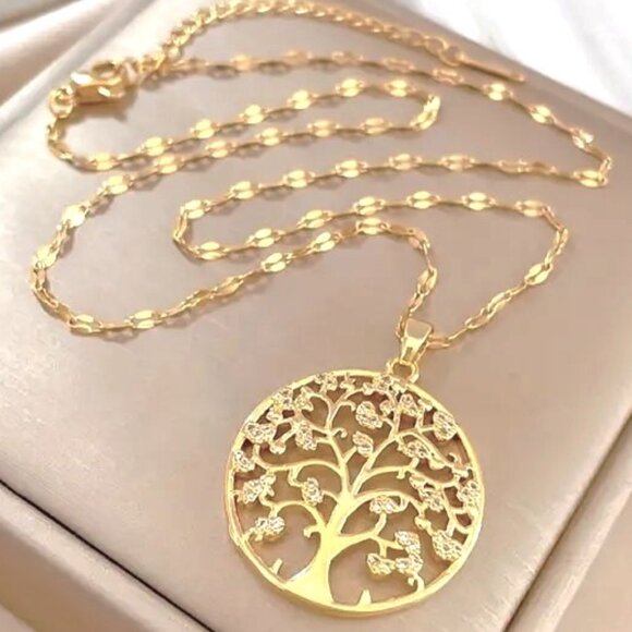 Necklace Heart Tree of Life Rhinestones Hollow Cut Gold Chain Sparkle Trendy NEW - Picture 1 of 4
